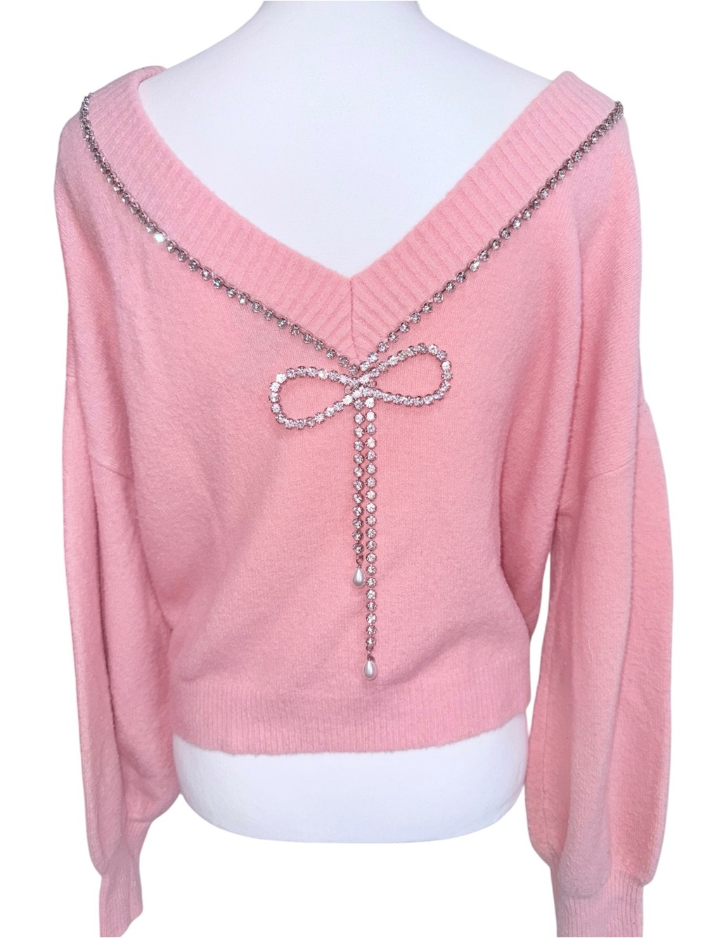 Express Pink Off-the-Shoulder Sweater with Crystal Trim - Picture 2 of 6